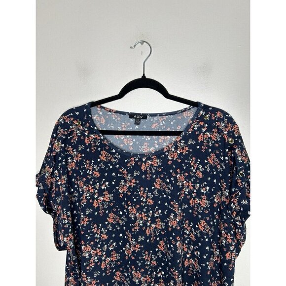 AUW Women’s Plus Blue Orange Floral Short Sleeve Bohemian Blouse Size 2X - Picture 2 of 10